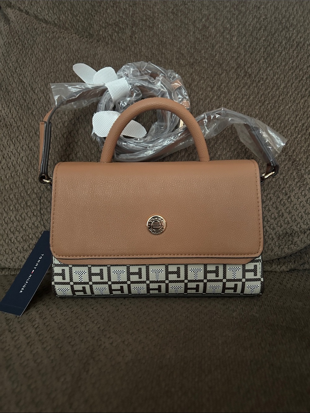 Tommy Hilfiger Tan Top-Handle Satchel with Signature Pattern